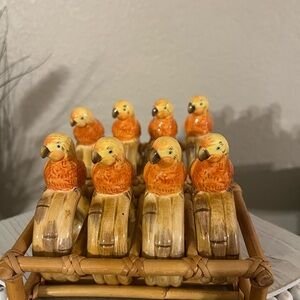 Vintage Ceramic Parrot and Bamboo Napkin Rings With Bamboo Holders – Set of 8